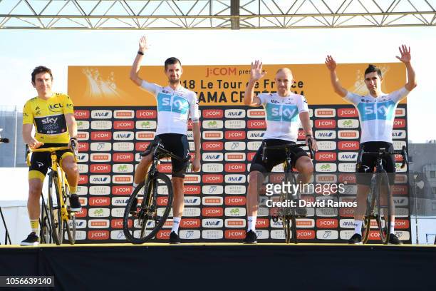Geraint Thomas of Great Britain and Team Sky Yellow Leader Jersey / Wouter Poels Netherland and Team Sky / Ian Stannard Great Britain and Team Sky /...