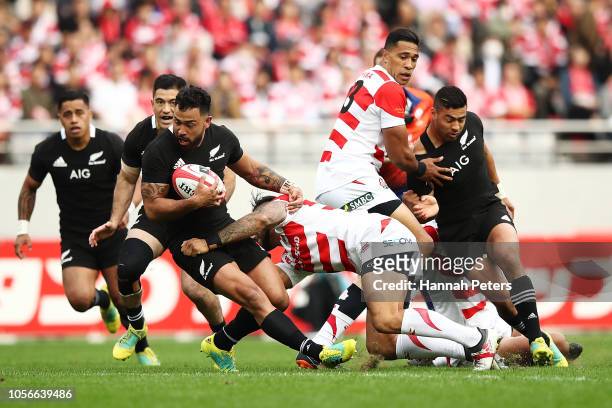 Matt Proctor of the All Blacks charges forward during the test match between Japan and New Zealand All Blacks at Tokyo Stadium on November 3, 2018 in...