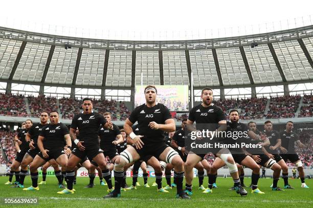 The All Blacks perform the haka ahead of the test match between Japan and New Zealand All Blacks at Tokyo Stadium on November 3, 2018 in Chofu,...