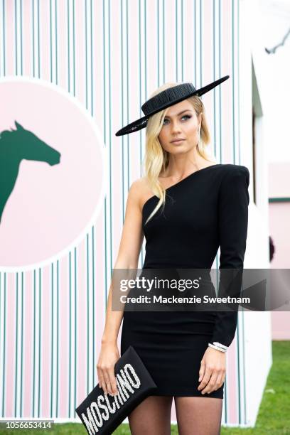 Elyse Knowles poses at The Park on Derby Day at Flemington Racecourse on November 3, 2018 in Melbourne, Australia.