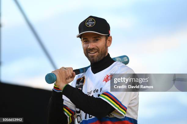 Alejandro Valverde of Spain and Movistar Team developing his skills in baseball during the 6th Tour de France Saitama Criterium 2018 - Media Day /...