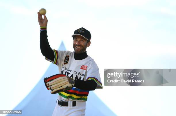 Alejandro Valverde of Spain and Movistar Team developing his skills in baseball during the 6th Tour de France Saitama Criterium 2018 - Media Day /...