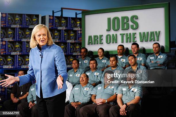 Republican gubernatorial candidate and former eBay CEO Meg Whitman speaks at Earth Friendly Products after touring the echo-friendly cleaning...