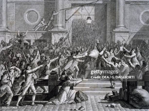 Assassination of Jacques de Flesselles Mayor of Paris in front of Hotel de Ville, July 14 Paris, France, engraving, French Revolution, 18th century.
