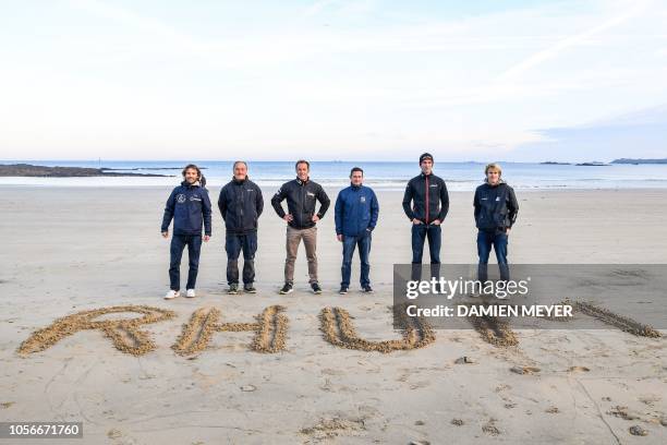 The French skippers of the six "Ultim" category multihulls which will compete in the tenth Route du Rhum solo sailing race Romain Pilliard, Francis...