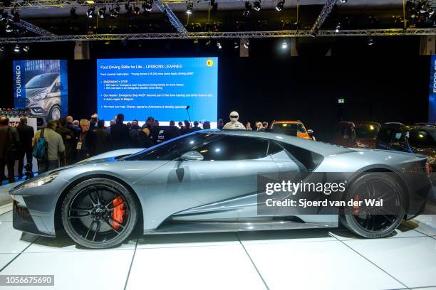 Ford GT mid-engined two-seater sports car on display at Brussels Expo on January 10, 2018 in Brussels, Belgium. The Ford GT is fitted with a 5.4 L...