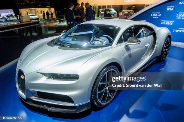 Bugatti Chiron mid-engined W16 engine exclusive hypercar on display at Brussels Expo on January 10, 2018 in Brussels, Belgium. The Bugatti Chiron is...