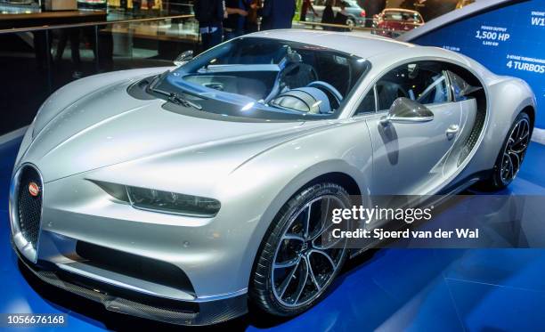 Bugatti Chiron mid-engined W16 engine exclusive hypercar on display at Brussels Expo on January 10, 2018 in Brussels, Belgium. The Bugatti Chiron is...