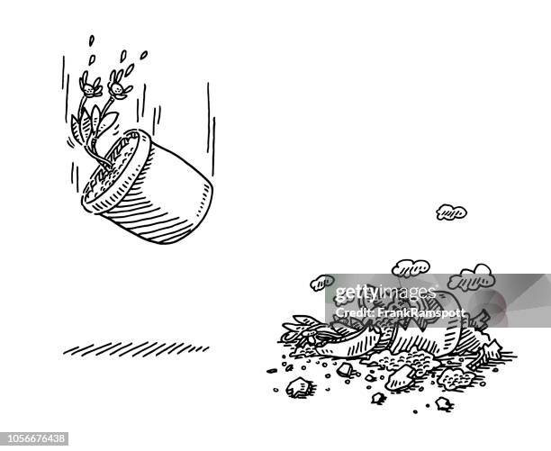 flying flower pot breakable concept drawing - throwing flowers stock illustrations