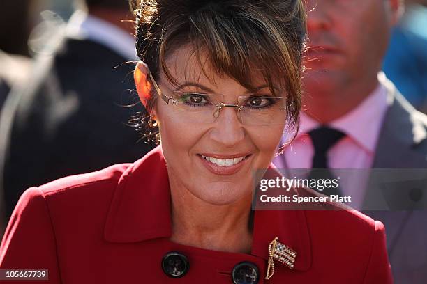 Politician and conservative activist Sarah Palin prepares to speak at the launch for the Tea Party Express national tour which is kicked off with a...