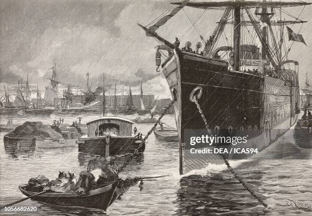 Loading of goods and provisions onto the ship Gottardo, Italian expedition in the Red Sea, Palermo, Italy, engraving from a drawing by Ed Ximenes and...