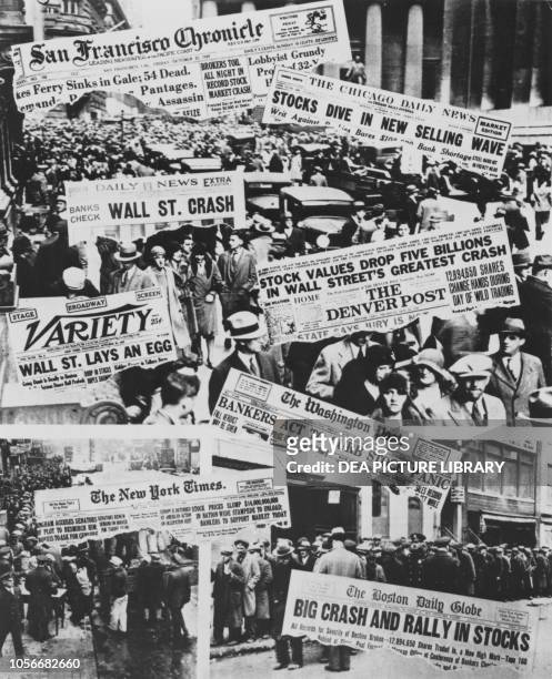 Photomontage of the front pages of American newspapers dedicated to the collapse of Wall Street, October 1929, United States of America, 20th century.