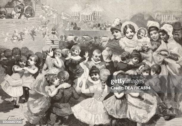 Young boys and girls dancing at a benefit ball, Milan, Italy, engraving by Centenari from a drawing by G Previati, from L'Illustrazione Italiana,...