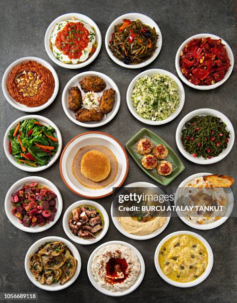 turkish meze variations - table aperitif stock-fotos und bilder