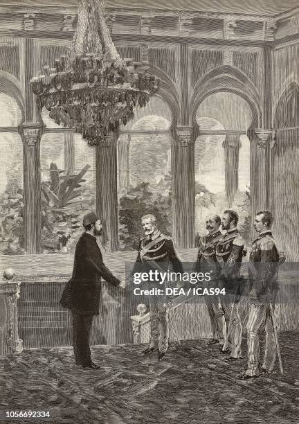 Agostino Ricci , Italian General, meeting Mohamed Tewfik Pasha , Khedive of Egypt and Sudan, Cairo, Egypt, engraving from a drawing by Edoardo...