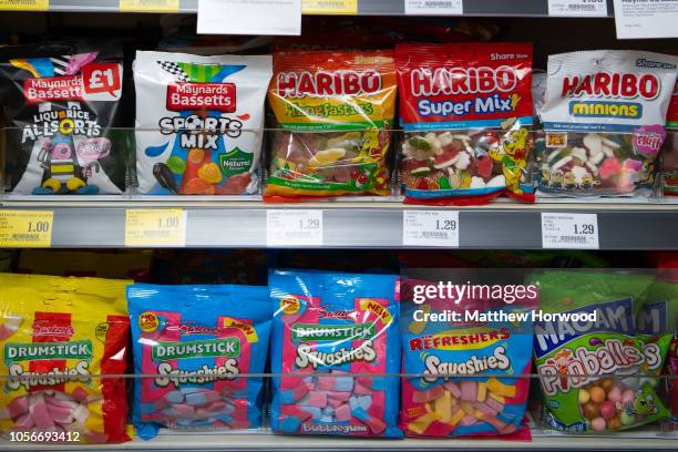 Packets of sweets seen on sale in a supermarket on May 11, 2018 in Cardiff, United Kingdom.