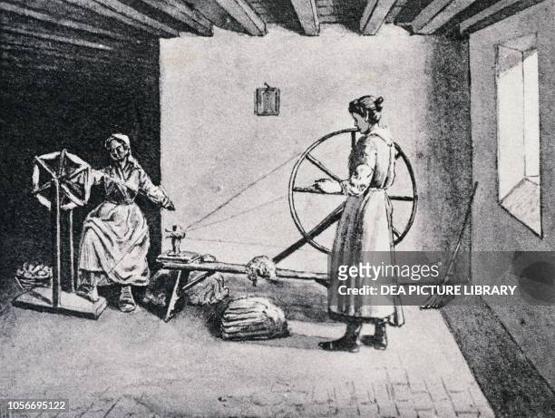 Wool spinning engraving, Italy, 19th century.