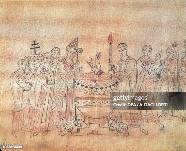 Blessing of Bari Cathedral, exorcism ceremony, illustration, Italy, 13th Century.