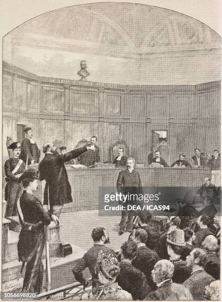 Pietro Sbarbaro , Italian journalist and politician, speaking to Guido Baccelli , Italian Minister, during his own trial, Rome, Italy, engraving from...