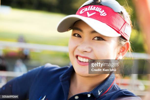 Japanese LPGA Step Up Tour 2018 prize money winner Yui Kawamoto poses for photographs after the final round of the Kyoto Ladies Open at Joyo Country...