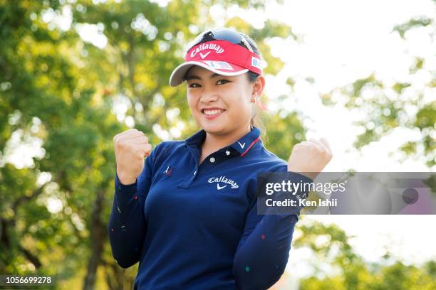 Japanese LPGA Step Up Tour 2018 prize money winner Yui Kawamoto poses for photographs after the final round of the Kyoto Ladies Open at Joyo Country...