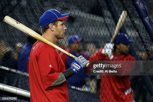 Josh Hamilton of the Texas Rangers looks on during batting practice against the New York Yankees in Game Three of the ALCS during the 2010 MLB...