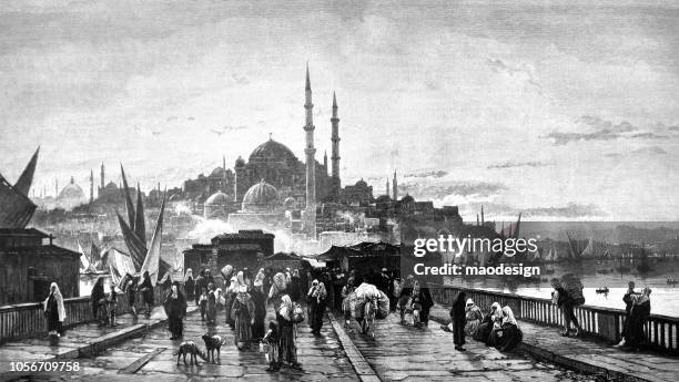 blick auf istanbul mit der hagia sophia - osmanisches reich stock-grafiken, -clipart, -cartoons und -symbole