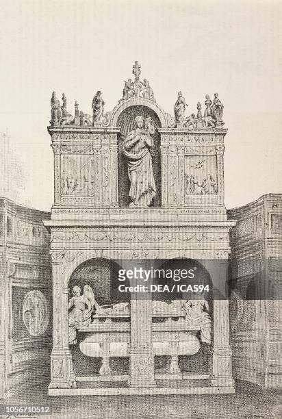 Monumental tomb of Gian Galeazzo Visconti , Italian politician and nobleman, inside the Certosa di Pavia monastery, Italy, engraving from a drawing...