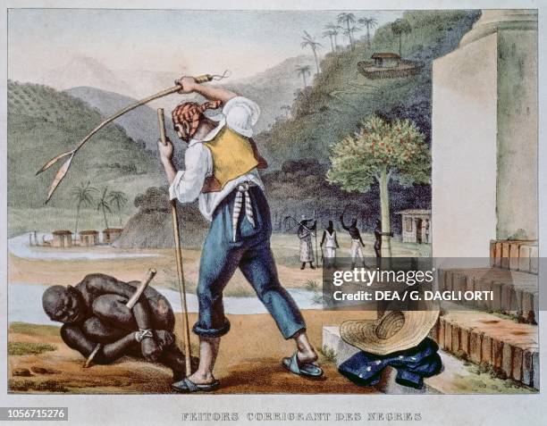Farmer punishing a slave in Brazil coloured engraving from Voyage pittoresque et historique au Bresil, by Jean-Baptiste Debret, 19th century.