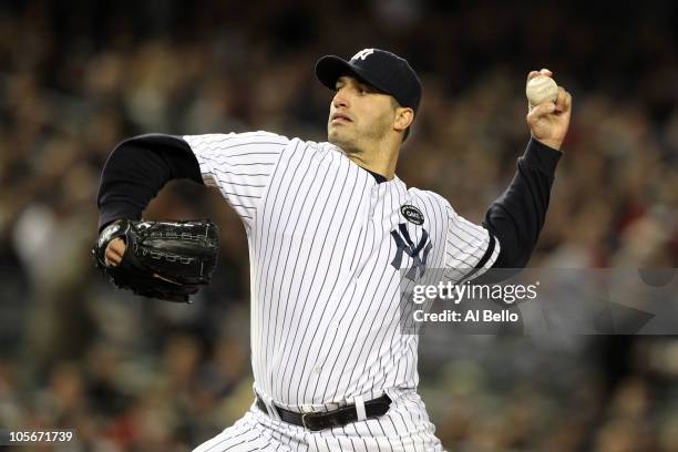 Andy Pettitte of the New York Yankees pitches against the Texas Rangers in Game Three of the ALCS during the 2010 MLB Playoffs at Yankee Stadium on...