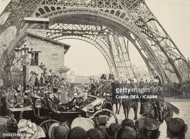 Presidential cortege passing beneath the Eiffel Tower during the Universal Exposition of 1889, Paris, France, engraving from a photograph by...