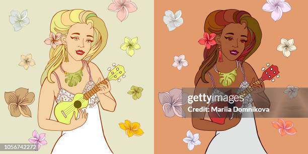 ukulele girls - playing ukulele stock illustrations