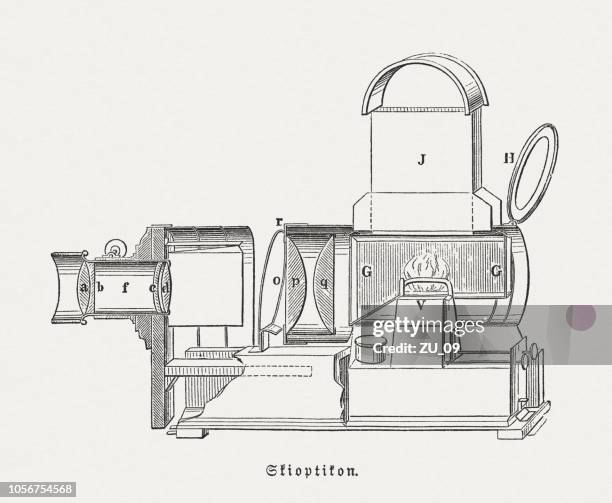 sciopticon (magic lantern), wood engraving, published in 1897 - slide projector stock illustrations