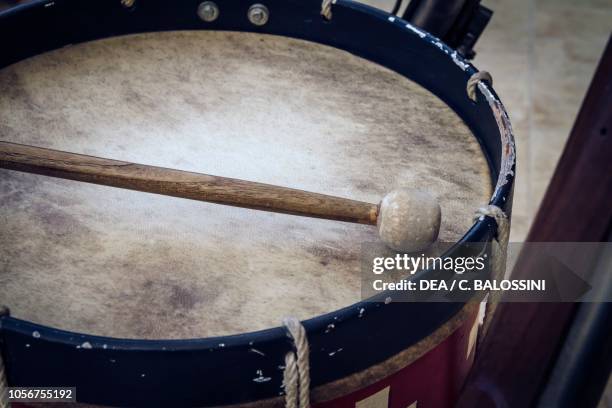 Drum with mallet, Savoy army dragoon, Battle of Marsaglia , 17th century. Historical reenactment in Malta.