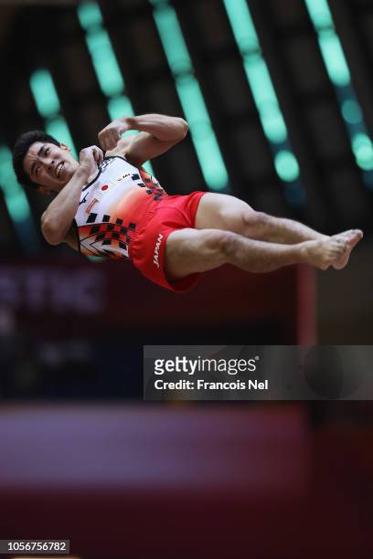 Kenzo Shirai of Japan competes in the Mens Vault during day ten of the 2018 FIG Artistic Gymnastics Championships at Aspire Dome on November 3, 2018...