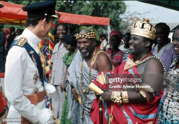 Prince Charles, Prince of Wales meets Ashanti chiefs as he attends a durbar in his honour when he visits the Ashanti tribe on March 01, 1977 in...