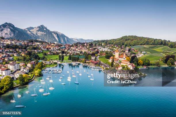 castillo de spiez de lago thun en cantón de berna, suiza - european alps fotografías e imágenes de stock