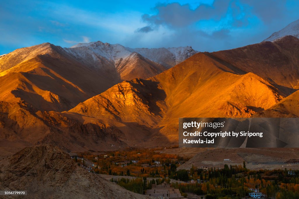 Sunset light on the mountain range in Leh city, Ladakh, India.