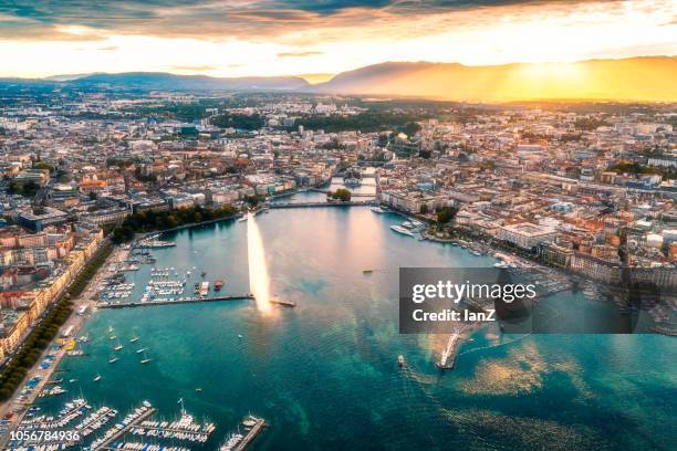 aerial view of geneva city at sunset - geneva switzerland stock pictures, royalty-free photos & images