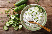 Indian spicy sauce raita with herbs and cucumber close-up in a bowl. horizontal top view