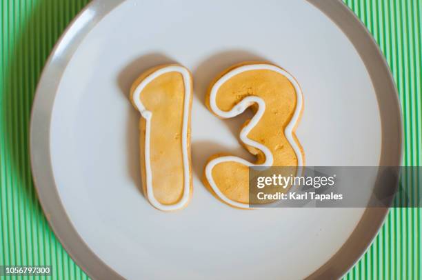 number 13 cookies on a white plate - number 13 stock pictures, royalty-free photos & images