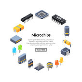 Vector isometric microchips and electronic parts icons