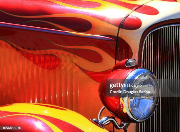 close-up of a colorful hot rod car - classic car show stock pictures, royalty-free photos & images