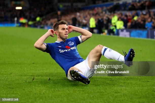 Seamus Coleman of Everton celebrates after scoring his team's second goal during the Premier League match between Everton FC and Brighton & Hove...