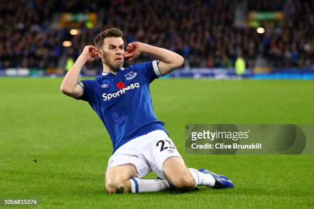 Seamus Coleman of Everton celebrates after scoring his team's second goal during the Premier League match between Everton FC and Brighton & Hove...