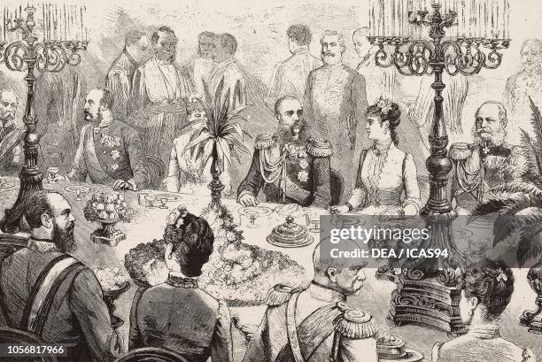 Gala dinner with the three emperors Alexander III of Russia, William I of Germany and Franz Joseph of Austria, below Otto von Bismarck, Skierniewice...