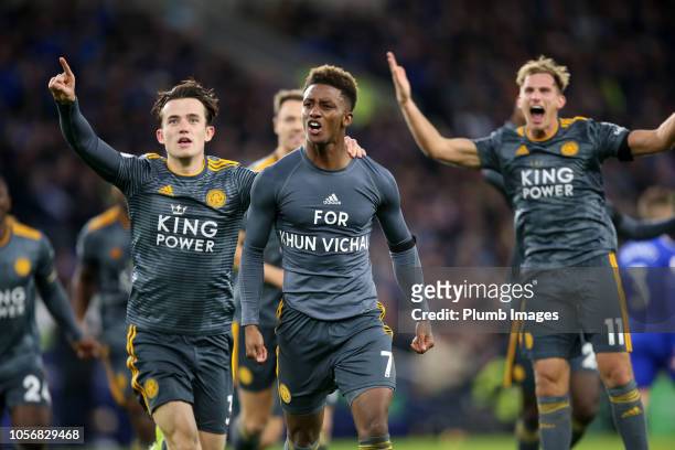 Demarai Gray of Leicester City celebrates in a t shirt to honor the Clubs late chairman Vichai Srivaddhanaprabha after scoring to make it 0-1 during...