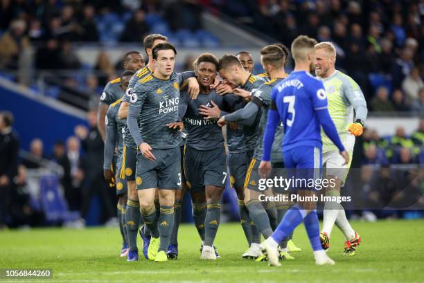 Demarai Gray of Leicester City celebrates in a t shirt to honor the Clubs late chairman Vichai Srivaddhanaprabha after scoring to make it 0-1 during...