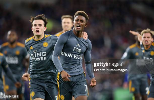 Demarai Gray of Leicester City celebrates in a t shirt to honor the Clubs late chairman Vichai Srivaddhanaprabha after scoring to make it 0-1 during...