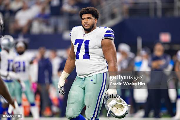 La'el Collins of the Dallas Cowboys walks off the field during a game against the Jacksonville Jaguars at AT&T Stadium on October 14, 2018 in...